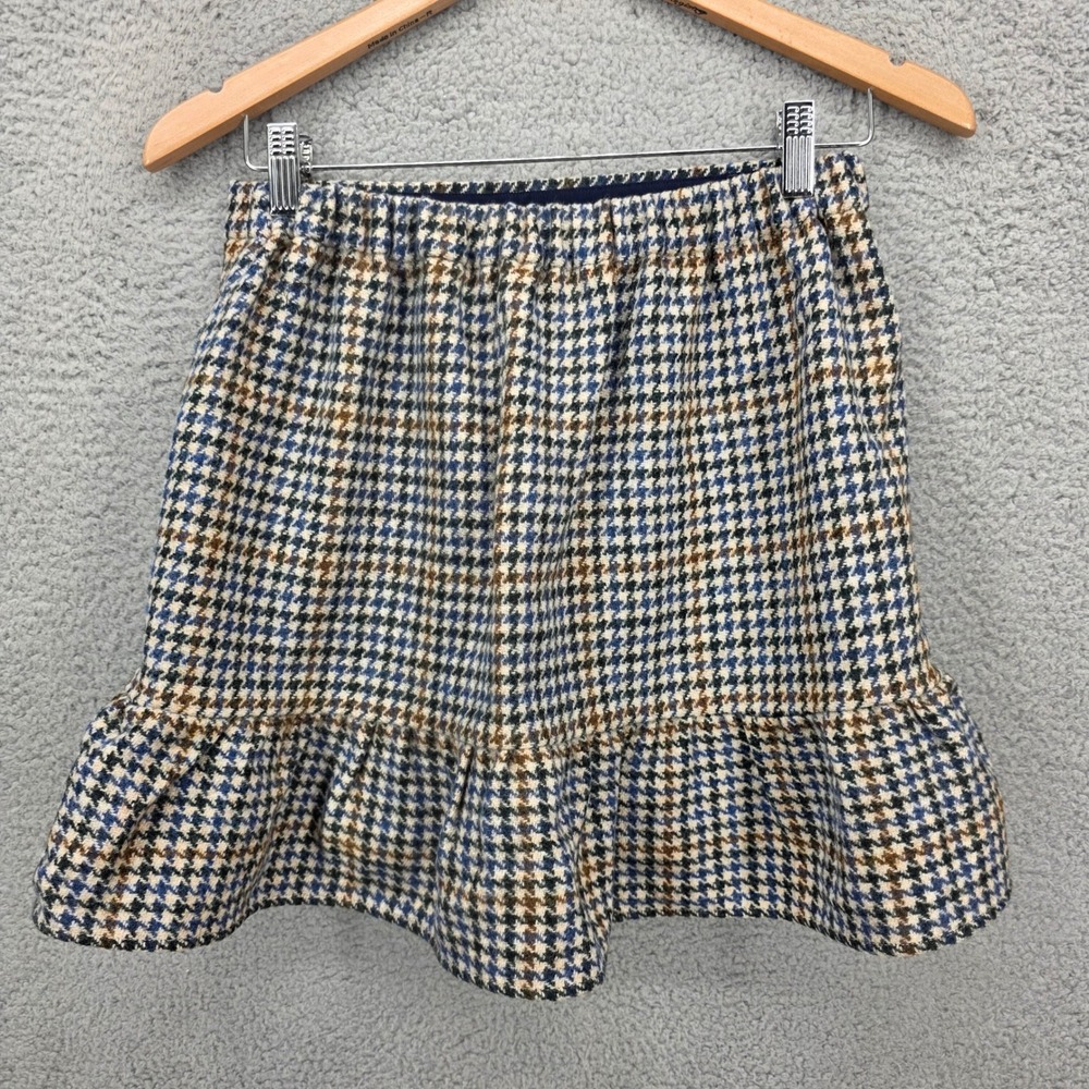 J.Crew Womens 2 Houndstooth Wool Mini Skirt Ruffle Hem Blue Brown Plaid Lined - Picture 5 of 11
